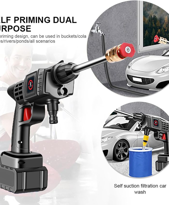 Nettoyeur Haute Pression sur Batterie, Max 50Bar Nettoyeur Haute Pression sans Fil avec Moteur Haute Puissance et Buse Multifonction 6 en 1 pour Lavage et Arrosage de Voiture (20000mah)
