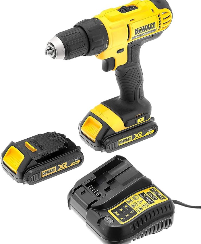 DEWALT – Perceuse Visseuse 18V Li-Ion 1,3Ah – DCD771C2-QW – Perceuse sans Fil avec Coffret, Éclairage LED, 2 Batteries / Chargeur – 2 Vitesses (0-450/1500tr/min) – Mandrin 13mm en Métal – 300W