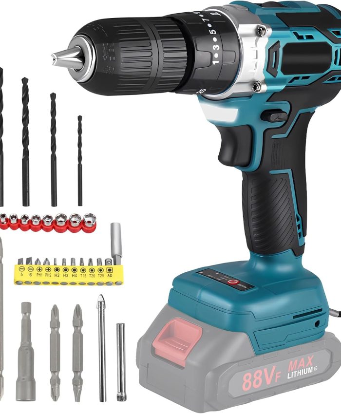 Perceuse Visseuse à percussion sans fil pour Makita 18V batterie au lithium, 54 Nm de couple, 2 vitesses, 25+3 niveaux de couple, 32 accessoires pour percer les murs, le bois, le métal