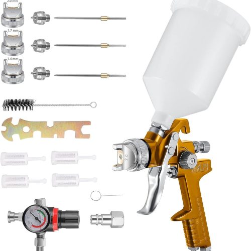 Yontwe HVLP Professionnel 600cc avec 3 Buses 1,4mm 1,7mm 2,0mm, Pistolet à Pulvérisation à Alimentation par Gravité avec régulateur d&rsquo;air