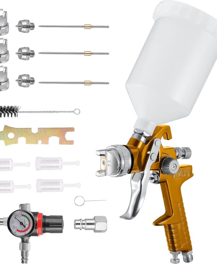 Yontwe HVLP Professionnel 600cc avec 3 Buses 1,4mm 1,7mm 2,0mm, Pistolet à Pulvérisation à Alimentation par Gravité avec régulateur d&rsquo;air