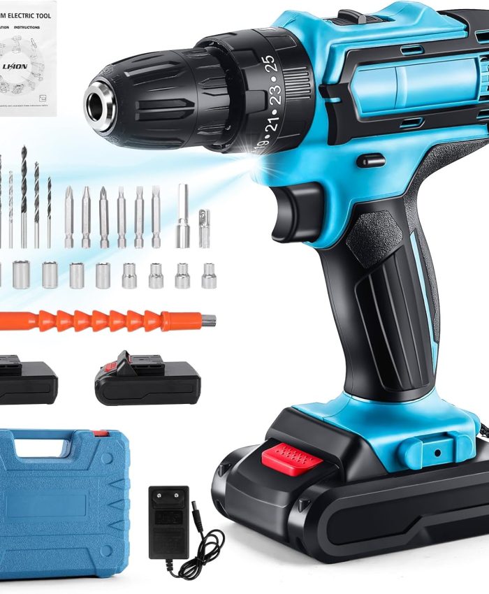 Perceuse Visseuse Sans Fil 21V, Visseuse Devisseuse Sans Fil avec 2 Batteries + 26 Accessoires, 65Nm Perceuse Percussion, 25+3 Réglages de Couple, 2 Vitesses, LED, Pour la Bricolage