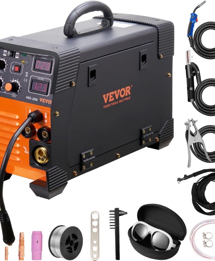 VEVOR Poste à Souder MIG-250 Poste à Souder MIG MMA TIG 250 A Poste de Soudage Portable Soudeuse Inverseur à Fil Fourré Machine à Souder 3 en 1 Équipement pour Soudage Acier au Carbone Fer Acier Inox