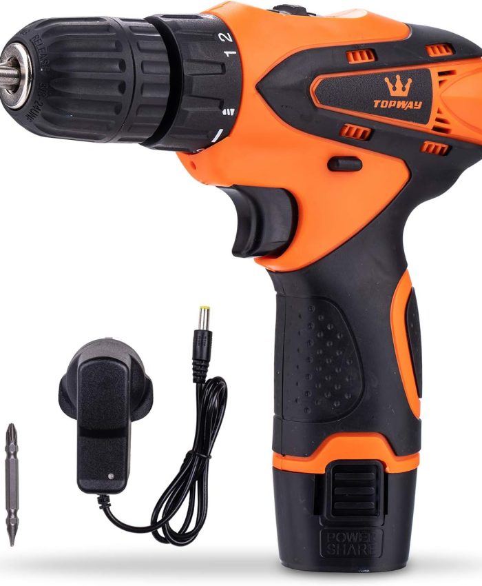 TOPWAY Perceuse Visseuse Sans Fil 12V avec 1 x 1,3Ah Batterie, Mandrin Sans Clé 10mm, 2 Vitesses et Lumière LED, pour la Maison DIY 102000