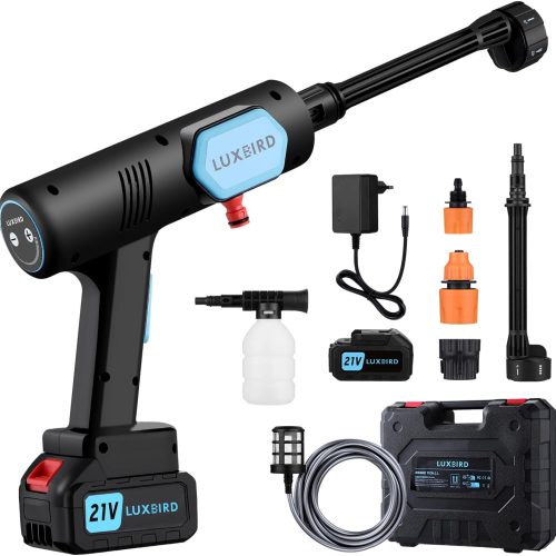 LUXBIRD Nettoyeur Haute Pression sans Fil avec 1 Batterie, Pistolet de Lavage électrique Portable 21V avec 6-en-1 buse, 45 Bars Max, avec Mallette à Outils pour Voitures, sols, fenêtres