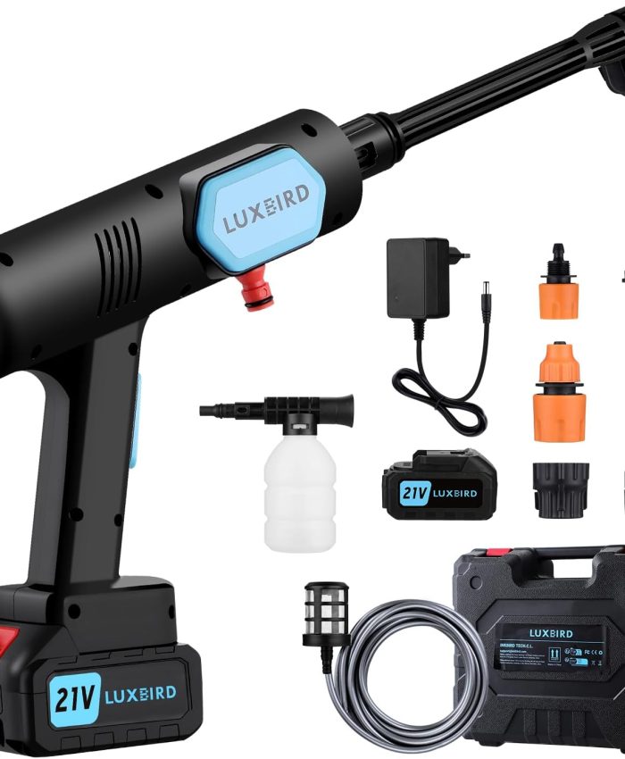 LUXBIRD Nettoyeur Haute Pression sans Fil avec 1 Batterie, Pistolet de Lavage électrique Portable 21V avec 6-en-1 buse, 45 Bars Max, avec Mallette à Outils pour Voitures, sols, fenêtres