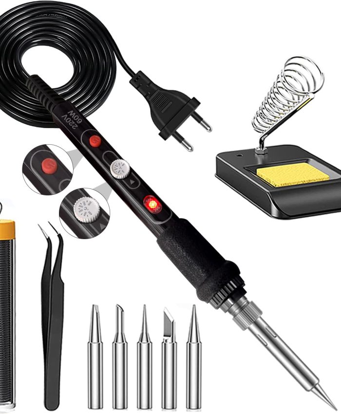 Fer à Souder Kit, 60W Electrique Temperature Réglable200~450℃ avec Interrupteur ON/OFF, 5PCS Conseils de soudage, Fil de Soudure, Station de Soudage, Pincettes(Black)