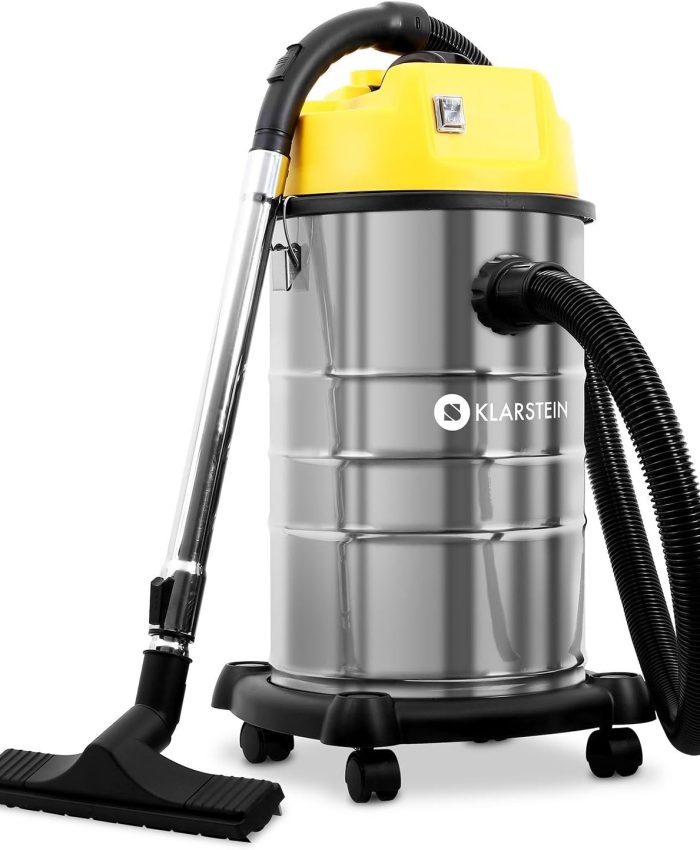 KLARSTEIN IVC – Aspirateur Industriel, Humide et Sec, Moteur Deux Roues, Tuyau refermable de 70 cm, Câble d&rsquo;alimentation de 8m, Puissance d&rsquo;aspiration 19.2 kPa – 1800W, 30L, Noir/Jaune