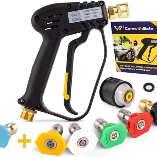 Pistolet de Lavage Haute Pression avec 6 buses 1/4&Prime;- Pistolet de Nettoyage 4000 PSI pour Voiture – Interface M22(14mm), Adaptateur compatible Karcher K1-K7, 2 filtres eau et guide inclus