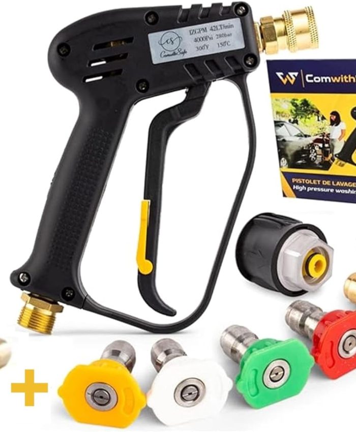 Pistolet de Lavage Haute Pression avec 6 buses 1/4&Prime;- Pistolet de Nettoyage 4000 PSI pour Voiture – Interface M22(14mm), Adaptateur compatible Karcher K1-K7, 2 filtres eau et guide inclus