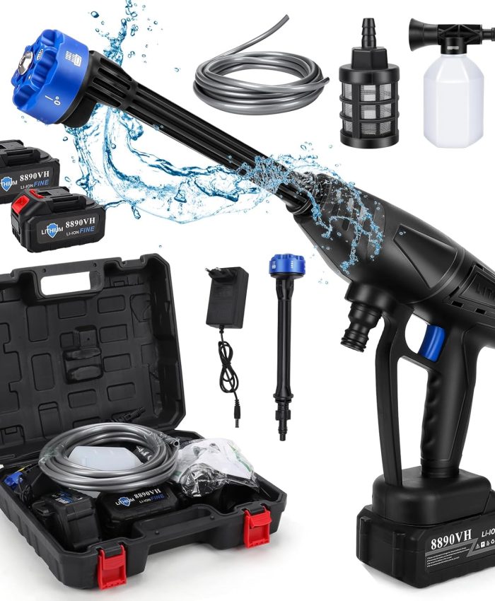 Nettoyeur haute pression sans fil 21 V 26 bar/377 psi Pistolet de nettoyeur haute pression mobile avec 2 batteries de 1200 mAh, buse de pulvérisation multifonction 6 en 1, tuyau de 5 m, pour voiture,
