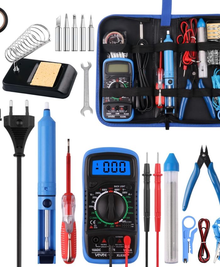Lot de 24 fers à souder, 60 W, outils de soudage électrique, avec 5 pointes interchangeables, température réglable, multimètre numérique, support de fer à souder, pompe à dessouder, sac à outils