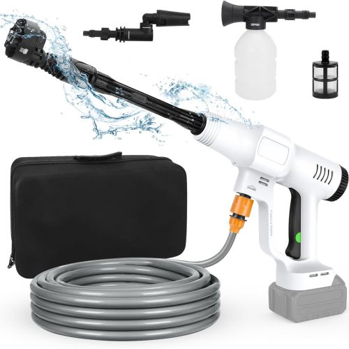 Nettoyeur Haute Pression sans Fil, Pistolet de Nettoyage Pression sans balais Compatible avec Makita 18V Batterie, avec 5m Tuyau, buse 6 en 1, buse rotative, Filtre, Mousse pichet (Blanc)