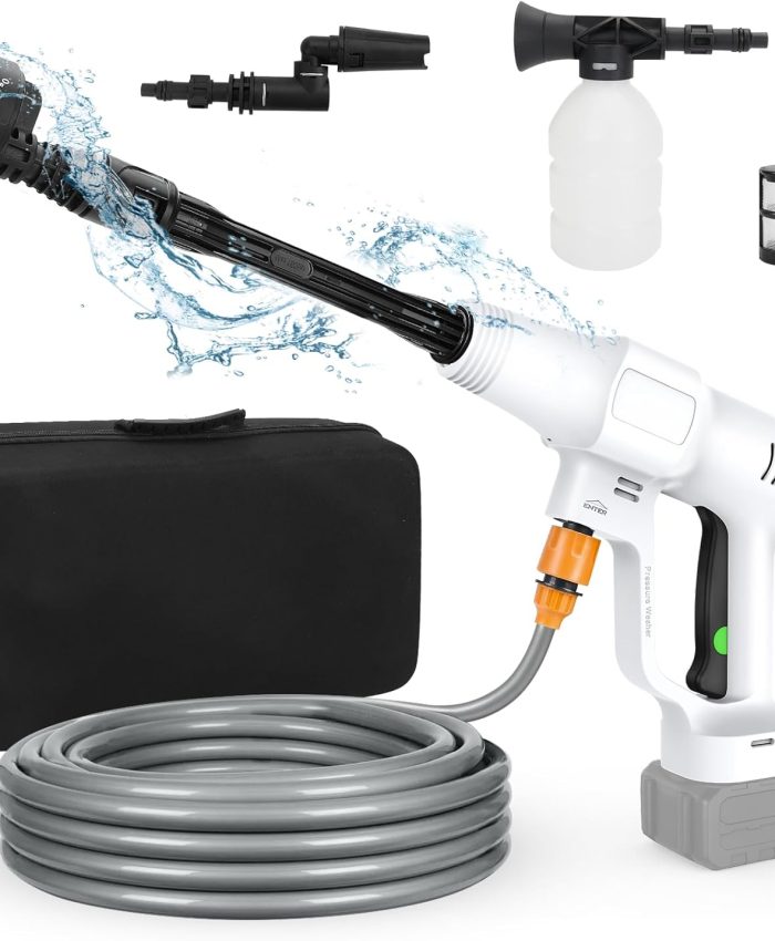 Nettoyeur Haute Pression sans Fil, Pistolet de Nettoyage Pression sans balais Compatible avec Makita 18V Batterie, avec 5m Tuyau, buse 6 en 1, buse rotative, Filtre, Mousse pichet (Blanc)