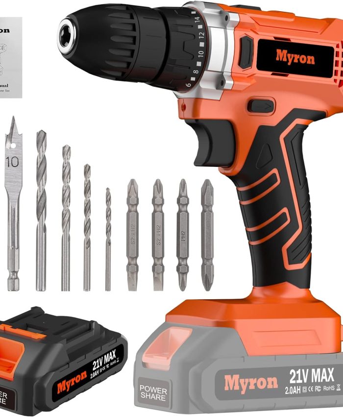 Visseuse Devisseuse Sans Fil, Myron 21V Perceuse Visseuse Sans Fil avec Batterie 2.0Ah, 36N.m, Mandrin Sans clé 3/8&Prime;, 2 Vitesses, Vitesse Variable de 0-1500RMP, LED pour Bricolage
