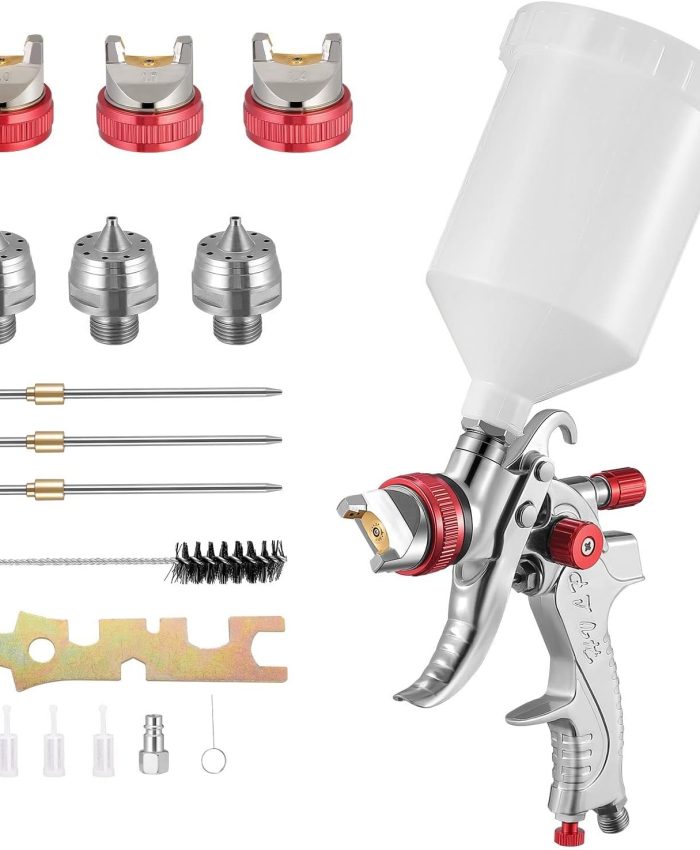 Yontwe HVLP Professionnel 600cc avec 3 Buses 1,4mm 1,7mm 2,0mm, Pistolet à Pulvérisation à Alimentation par Gravité avec régulateur d&rsquo;air
