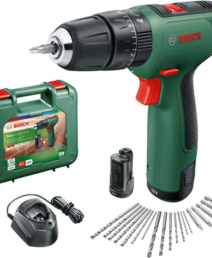 Bosch Home and Garden Perceuse-visseuse à percussion sans fil – EasyImpact 1200 (2 batteries, système 12 V, 19 accessoires, en coffret de transport) Green