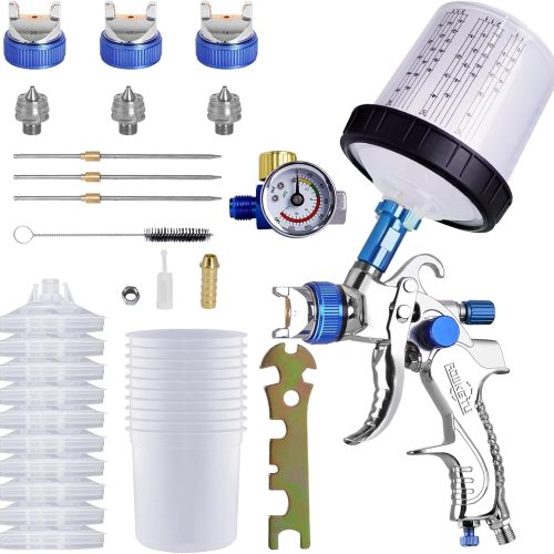 Pulvérisateur de Peinture Automatique Professionnel HVLP, avec Buses de 1.4mm, 1.7mm, 2.0mm, Outil de Pistolet de pulvérisation, Tasse de pulvérisation, 10 gobelets jetables de 600ml (Bleu)