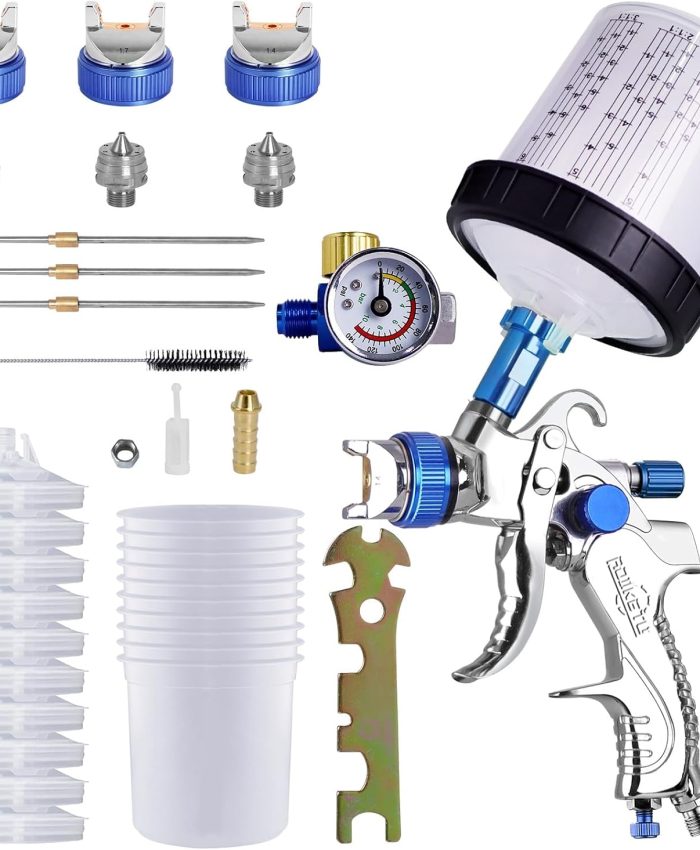 Pulvérisateur de Peinture Automatique Professionnel HVLP, avec Buses de 1.4mm, 1.7mm, 2.0mm, Outil de Pistolet de pulvérisation, Tasse de pulvérisation, 10 gobelets jetables de 600ml (Bleu)