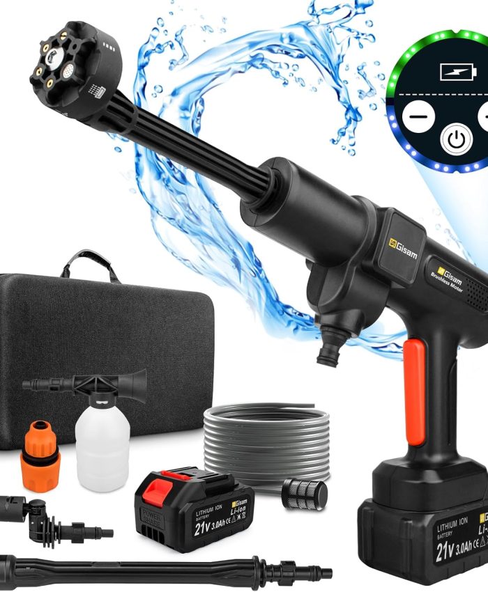 Gisam Nettoyeur Haute Pression à Batterie, Max 507 PSI avec 2 x 3000mah Batteries, Pulvérisateur de Mousse, 6-en-1 Multi-Usage Buse et 180° Buse Pivotante pour Le Nettoyage et Arrosage (Gisam-01)