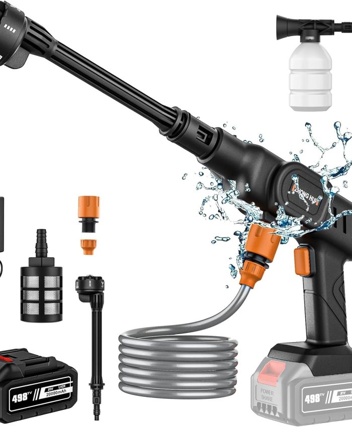 Nettoyeur Haute Pression sans Fil, Nettoyeur à Jet 60 Bars avec 1 Batterie et Chargeur, buse Polyvalente 6 en 1 pour Le Nettoyage de la Cour et Le Lavage de Voiture (20000mah)