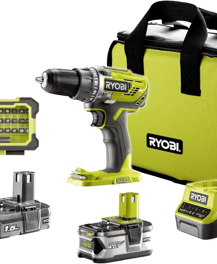 Ryobi, Perceuse-Visseuse Sans Fil 18V ONE+,2 Vitesses,50 Nm,Mandrin Autoserrant 13 mm,Led,2 Batteries, Vert/Anthracite & Coffret 60 accessoires de perçage et de vissage – RAK60DDF