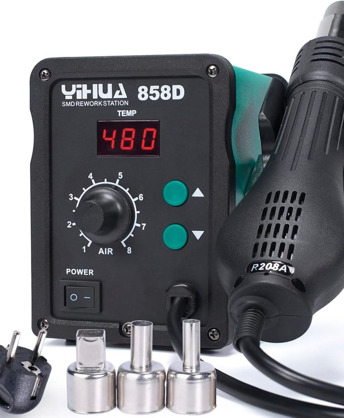 YIHUA 858D station de soudage à air chaud 700W pour soudure et dessoudage SMD avec contrôle de température PID, fonction de démarrage/arrêt auto, température et volume d&rsquo;air réglable（EU plug）