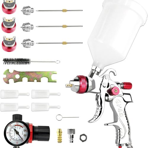 Vanwoke HVLP Pistolet à Peinture pulvérisateur avec 1.4MM 1.7MM 2.0MM buse 600CC Tasse véhicule Voiture clôture Outils de Peinture avec régulateur de Pression d&rsquo;air (Rouge)
