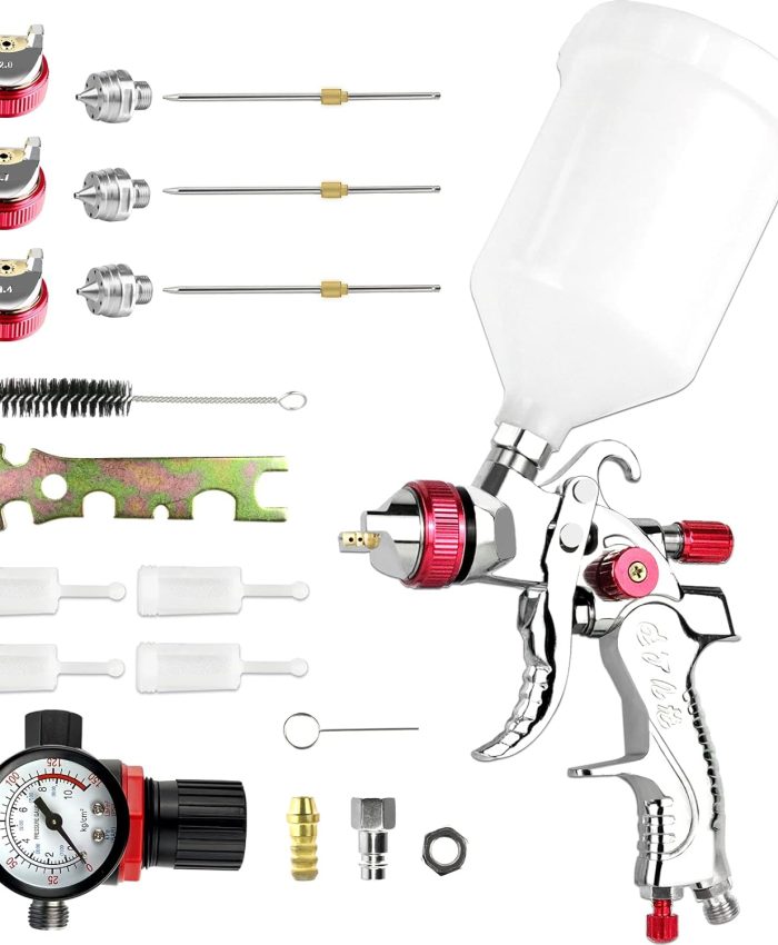 Vanwoke HVLP Pistolet à Peinture pulvérisateur avec 1.4MM 1.7MM 2.0MM buse 600CC Tasse véhicule Voiture clôture Outils de Peinture avec régulateur de Pression d&rsquo;air (Rouge)