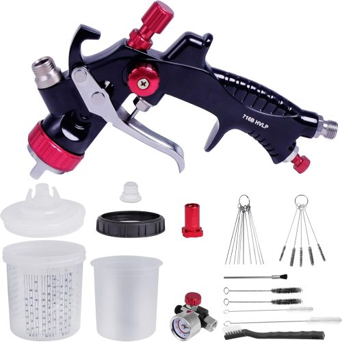 Pulvérisateur de Peinture Professionnel avec Tasse de Mélange Rapide, Kit de Pistolet Peinture Pneumatique de 1,3 mm Comprenant 10 Tasses Jetables, Régulateur de Pression pour Peinture de Voiture