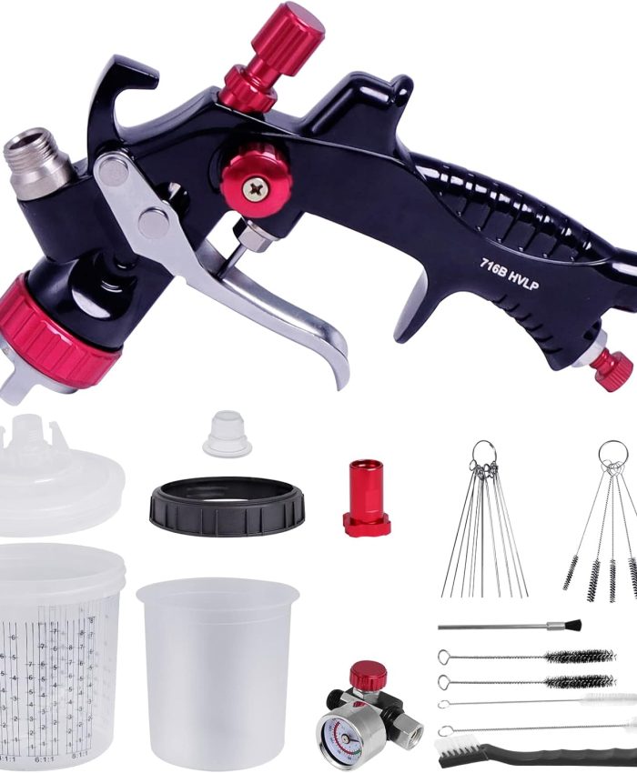 Pulvérisateur de Peinture Professionnel avec Tasse de Mélange Rapide, Kit de Pistolet Peinture Pneumatique de 1,3 mm Comprenant 10 Tasses Jetables, Régulateur de Pression pour Peinture de Voiture