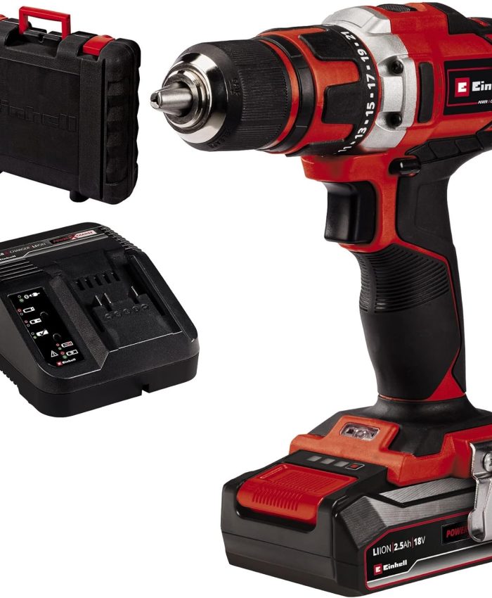 Einhell Perceuse-visseuse sans fil TE-CD 18/40-1 Li (1×2,5 Ah) PXC (Li-Ion, 18 V, 40 Nm, engrenage à 2 vitesses, variateur électronique, LED, avec batterie 2,5 Ah PXC, chargeur rapide et coffret)