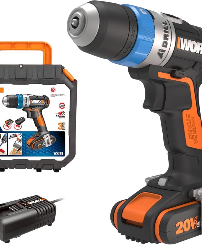 WORX 18V (20V MAX) Perceuse sans fil avec Bitlock WX178, Perceuse-visseuse Electronique Réglage du Couple, Mode impulsion, Mandrin de 10 mm, Batterie et Chargeur PoweShare