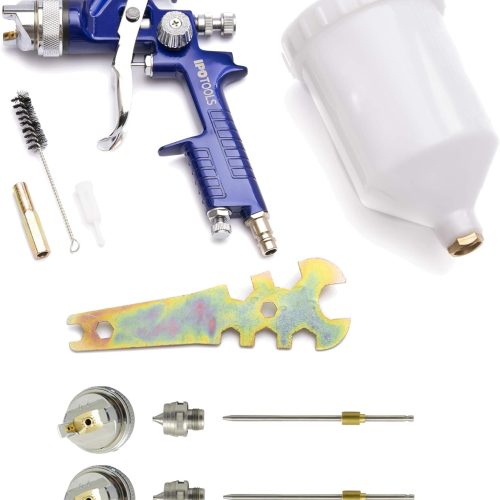 Pistolet A Peinture HVLP H-827P – Pistolet Peinture Professionnel, Pistolet de Peinture carrosserie avec Godet de 600 ML et buse en Acier Inoxydable 1.3mm + 2X Jeu de Buses 1.7mm & 2.0mm