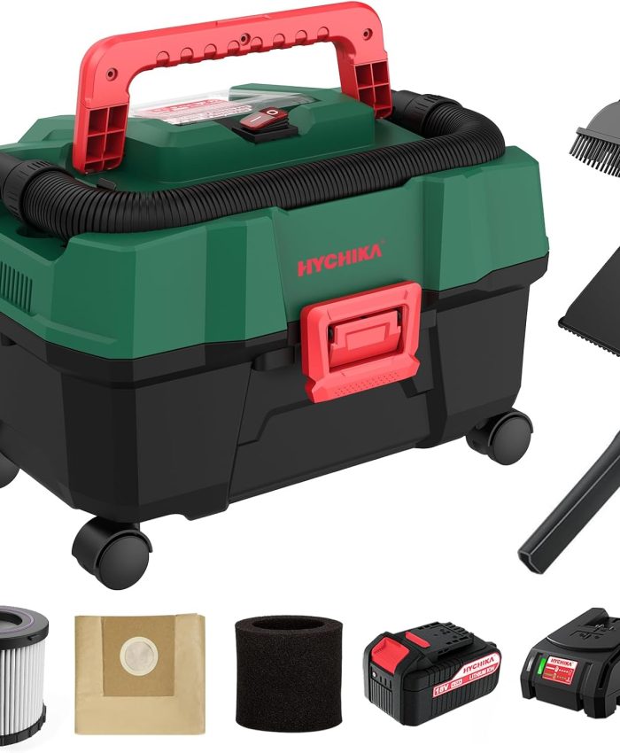 HYCHIKA Aspirateur Eau et poussière sans Fil 18V, 15L, avec Fonction souffleur, avec Batterie 4,0Ah, Chargeur Rapide, Filtre HEPA, idéal pour Les Voitures, ateliers de Bricolage, Nettoyage extérieur