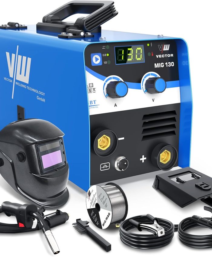 VECTOR WELDING MIG-130 Poste à Souder MIG MAG Sans Gaz avec 130A – Poste à Souder Onduleur IGBT avec Casque de Soudage, Poste de Soudage Portable Flux MIG MMA électrodes