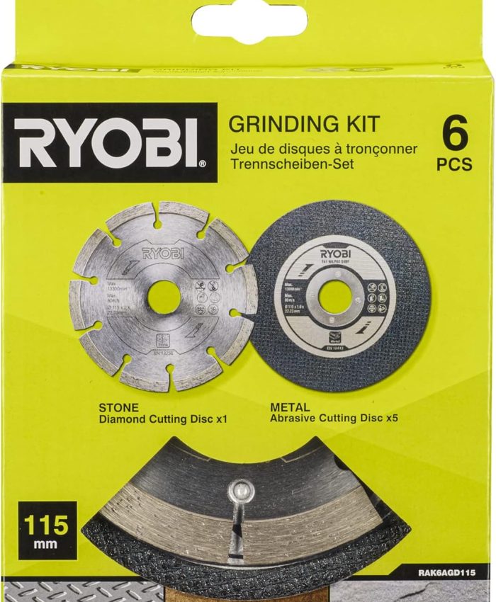 Ryobi – Kit 6 disques meuleuse diam. 115 mm – 1 disque diamant et 5 disques à tronçonner – RAK6AGD115