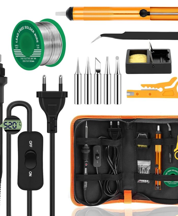 Fer à Souder Kit 80W Température Réglable 180-520°C Electronique de Precision avec Interrupteur ON/OFF, 5 Conseils de soudage, Pompe à Dessouder, Fil de Soudure, Station de Soudage, Pincettes