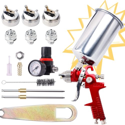 CarBole HVLP Pistolet à Peinture avec 1000cc Aluminum Cup et 3 Buses 1.4mm 1.7mm 2.5mm,Pulvérisateurs de Peinture Pneumatique avec Régulateur d&rsquo;air pour Voiture,Mur,Meubles,Clôture (Rouge)