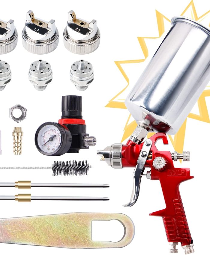 CarBole HVLP Pistolet à Peinture avec 1000cc Aluminum Cup et 3 Buses 1.4mm 1.7mm 2.5mm,Pulvérisateurs de Peinture Pneumatique avec Régulateur d&rsquo;air pour Voiture,Mur,Meubles,Clôture (Rouge)