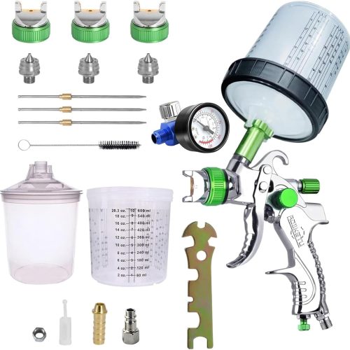Awsuc HVLP Professionnel Pistolet à Peinture 600cc avec 3 Buses 1,4mm 1,7mm 2,0mm, avec régulateur d&rsquo;air, jetables gobelet jetable 600ML et gobelet mélangeur de Couleurs (Vert)