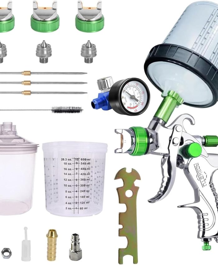 Awsuc HVLP Professionnel Pistolet à Peinture 600cc avec 3 Buses 1,4mm 1,7mm 2,0mm, avec régulateur d&rsquo;air, jetables gobelet jetable 600ML et gobelet mélangeur de Couleurs (Vert)