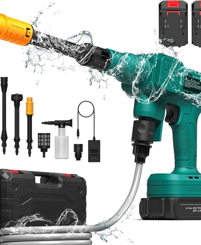 Nettoyeur Haute Pression sans Fil Geevorks de 62 Bar, 900 PSI sur 2 Batteries de 3000mAh, avec Multi-buse 6 en 1, Chargeur et Tuyau de 5M, pour Voiture, Maison, pelouse, Jardin et clôture