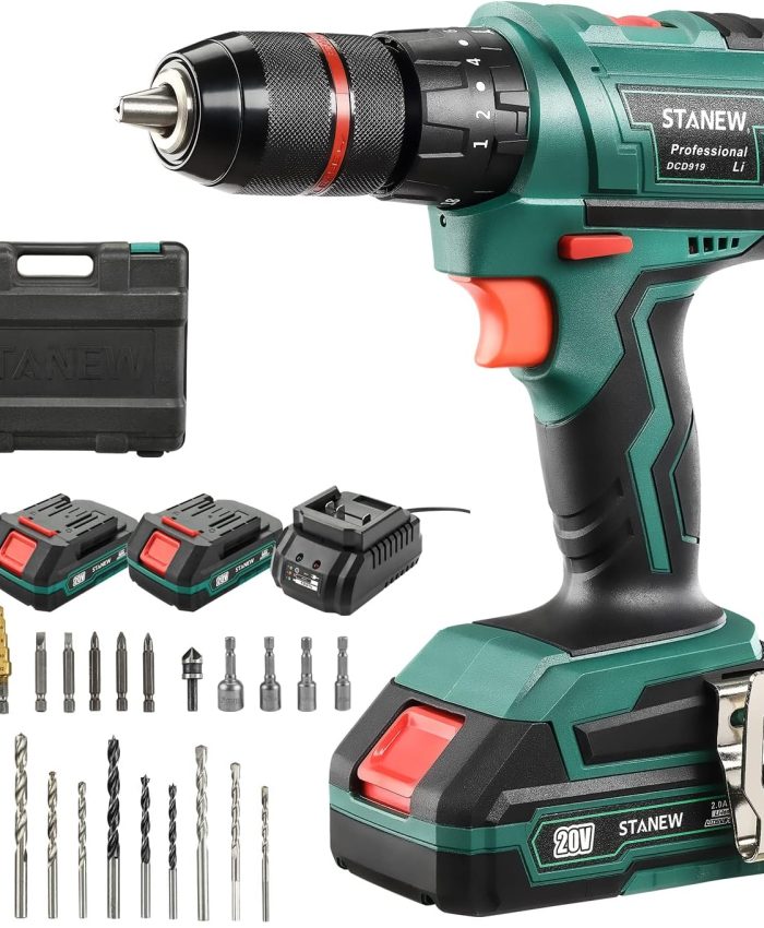Perceuse à Percussion, STANEW QW Perceuse-Visseuse sans fil 2 batteries Li ion 20V, Couple 18+3, avec 2 Batterie et Chargeur ST-919