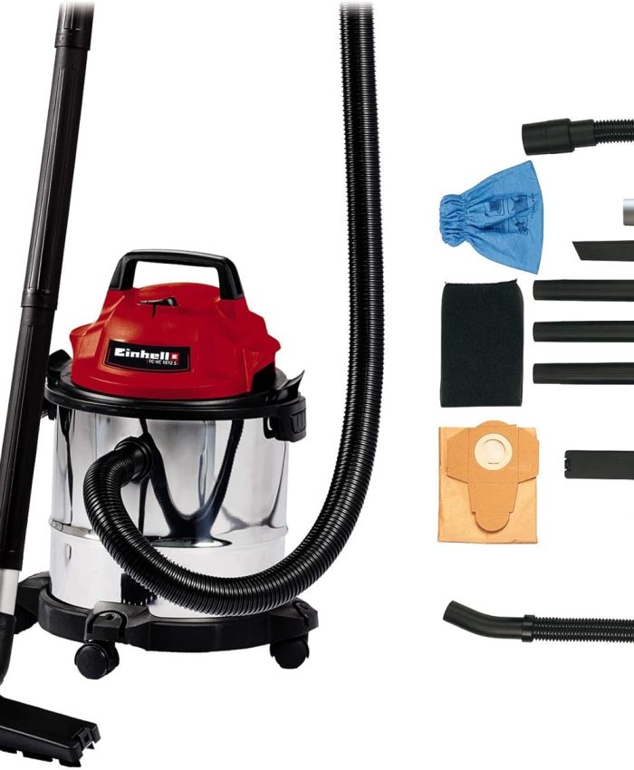 Einhell Aspirateur eaux et poussières TC-VC 1812 S (1250 W, 180 mbar, Cuve en INOX 12 L anticorrosion, Livré avec accessoires), Rouge