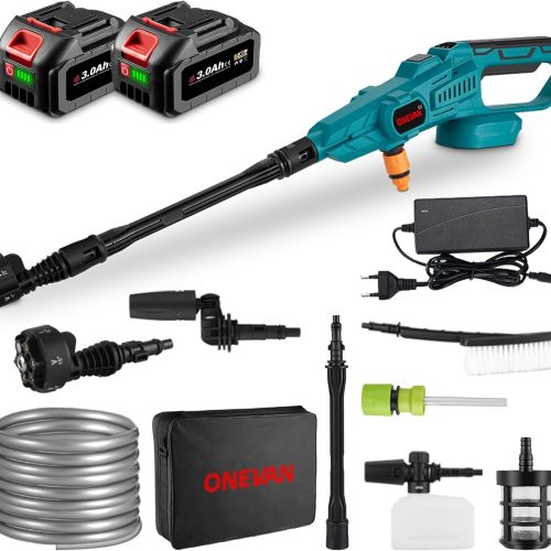 ONEVAN Nettoyeur haute pression sans fil sans balais avec 2 batteries, 6 fonctions, 3 vitesses, 120 bar, nettoyeur haute pression mobile, pour voiture, terrasse, jardin, nettoyage de tapis