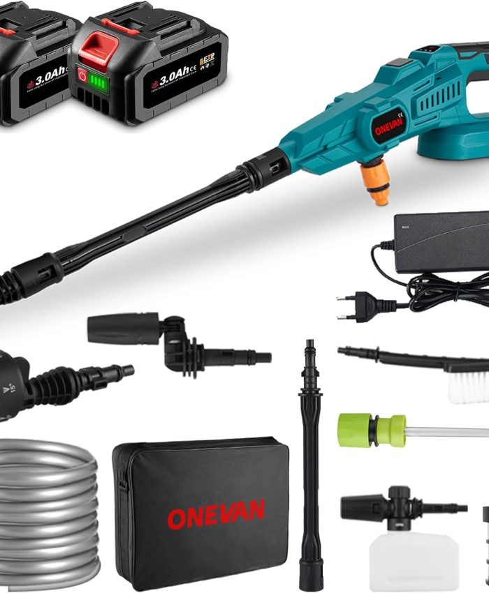 ONEVAN Nettoyeur haute pression sans fil sans balais avec 2 batteries, 6 fonctions, 3 vitesses, 120 bar, nettoyeur haute pression mobile, pour voiture, terrasse, jardin, nettoyage de tapis