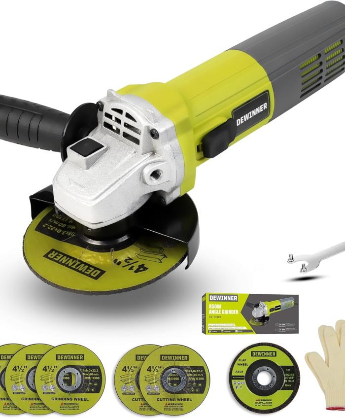 DEWINNER Meuleuse d&rsquo;angle 850W, 220-240 V, 6 Disques de Meuleuse angulaire de Coupe ,115mm, Capot de Protection, avec Poignée Supplémentaire Outil de le Meulage Découpage