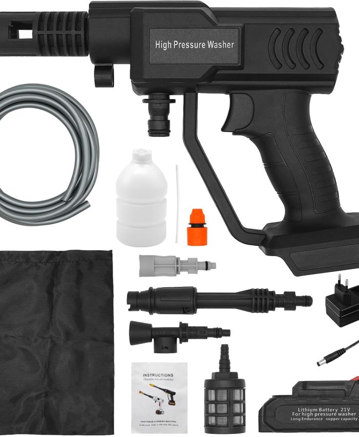 Ycoiee Nettoyeur Haute Pression sans Fil, Pistolet de Lavage Haute Pression Portable avec Batterie Rechargeable de 3Ah, Lance à Mousse Neige, Buse de Pulvérisation Réglable, Pompe à Eau, Tuyau de 5M