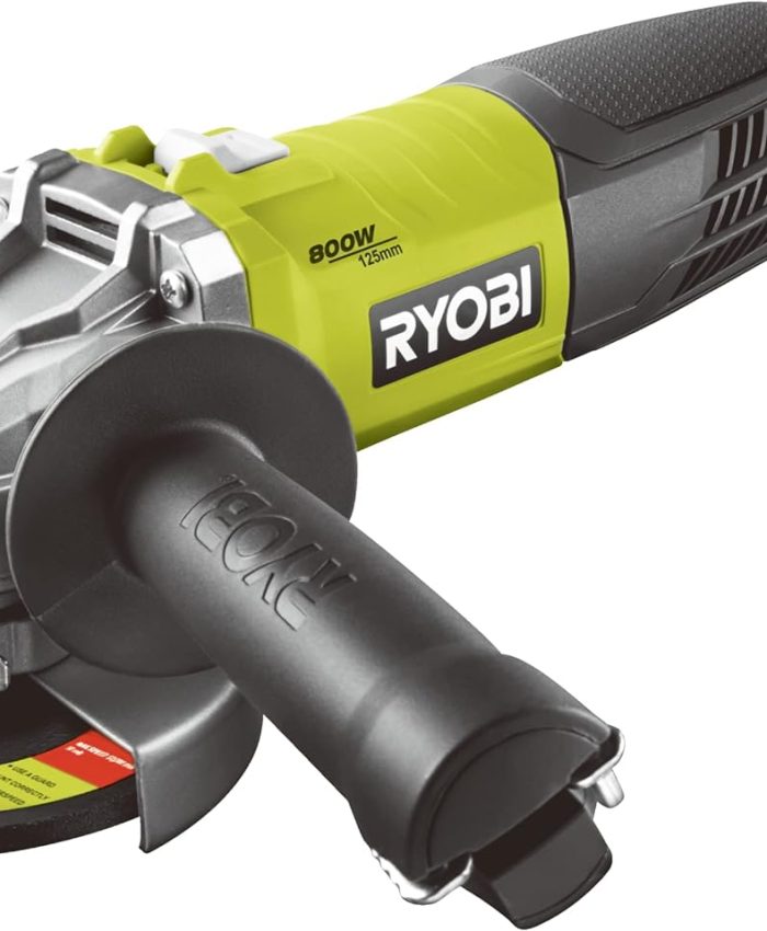 RYOBI – Meuleuse d&rsquo;angle 800 W diam. 125 mm – 12 000 tr/min – protection anti-redémarrage – Livrée avec 1 disque à ébarber le métal diam. 125 mm et 1 clé de service – RAG800-125G